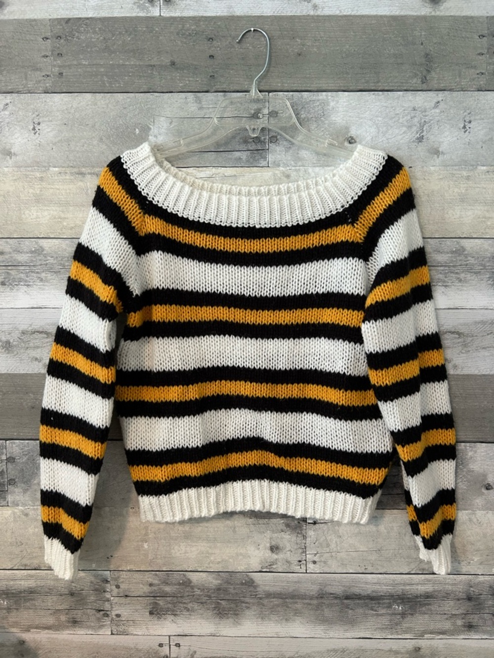 SHEIN Striped Crewneck Sweater in White, Black & Mustard